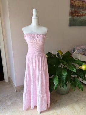 100% Cotton Natural Coquette Boho Pink Dress Small Medium Strapless Summer NEW